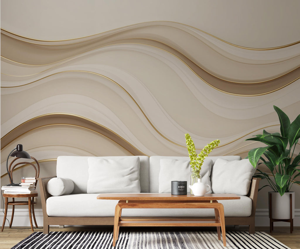 Luxury Ocean Wave Wallpaper, Abstract Sea Wall Mural, Gold Beige Modern decor, Coastal Minimalist