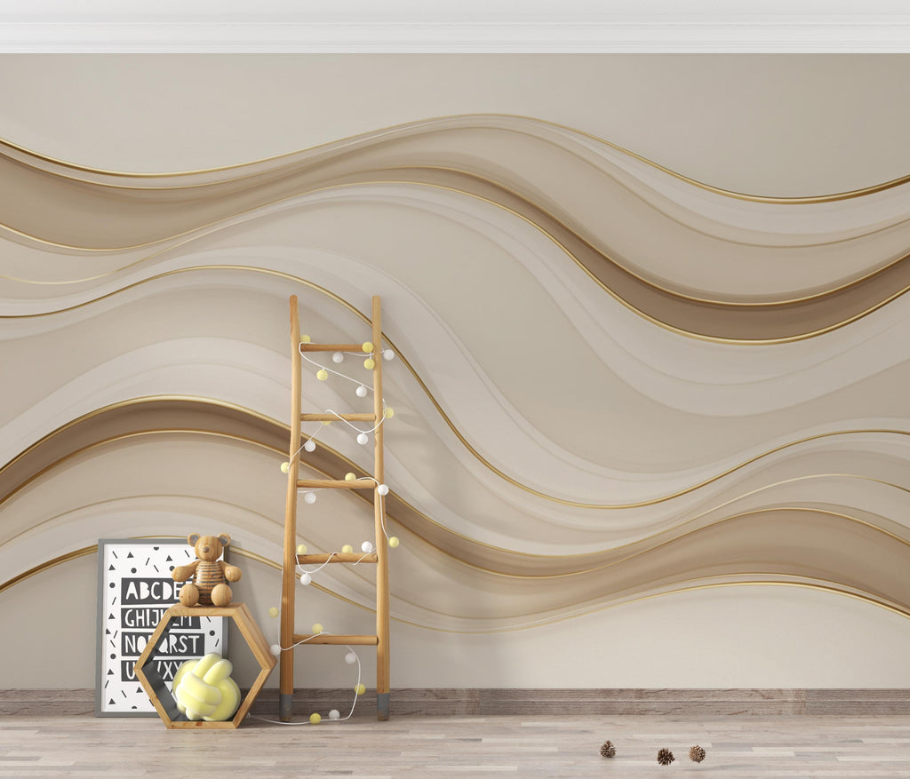 Luxury Ocean Wave Wallpaper, Abstract Sea Wall Mural, Gold Beige Modern decor, Coastal Minimalist