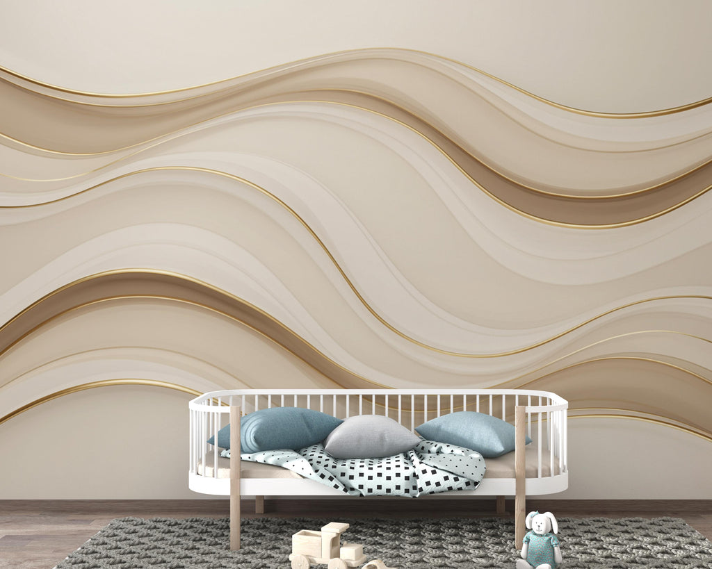 Luxury Ocean Wave Wallpaper, Abstract Sea Wall Mural, Gold Beige Modern decor, Coastal Minimalist