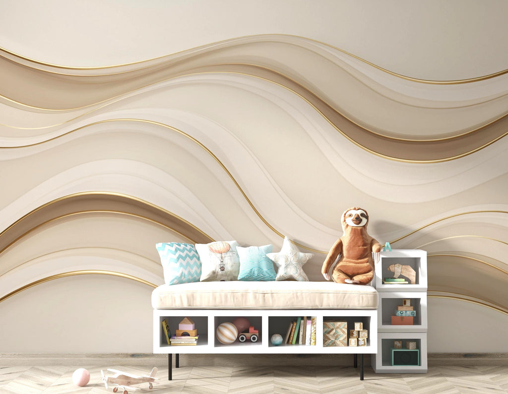 Luxury Ocean Wave Wallpaper, Abstract Sea Wall Mural, Gold Beige Modern decor, Coastal Minimalist