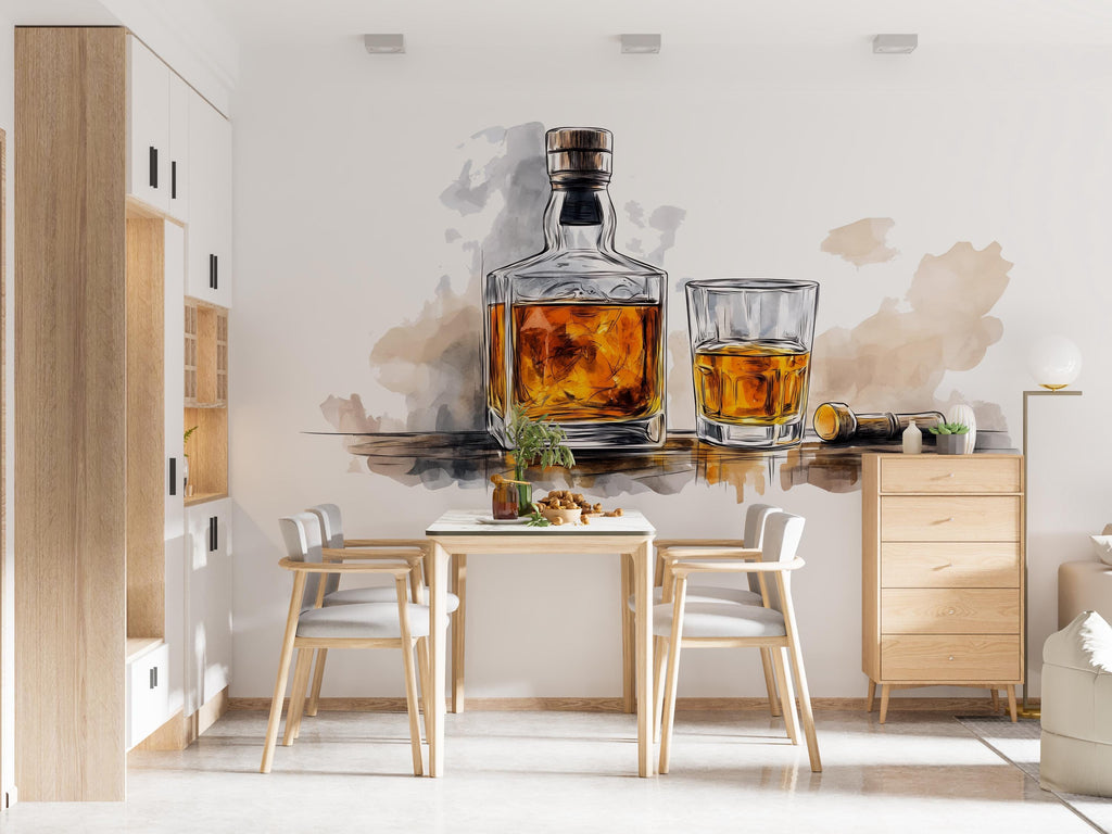 Watercolor Whiskey Wall Decal Whiskey Bottle Glass Wall Art Bar Decor Restaurant Lounge Home Bar Wall Sticker