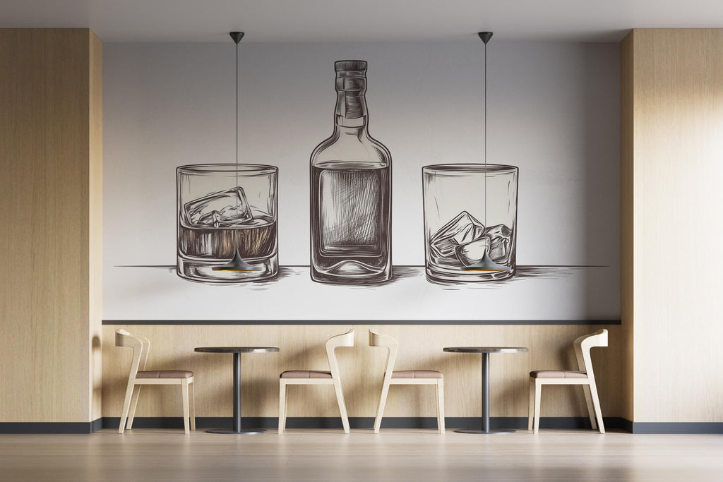 Minimal Whiskey Wall Decal Bar Wall Sticker Whiskey Bottle Glass Wall Art Restaurant Lounge Home Bar Decor