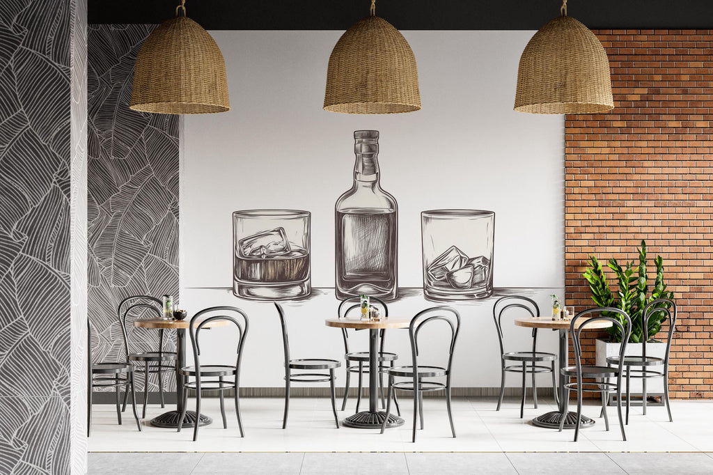 Minimal Whiskey Wall Decal Bar Wall Sticker Whiskey Bottle Glass Wall Art Restaurant Lounge Home Bar Decor