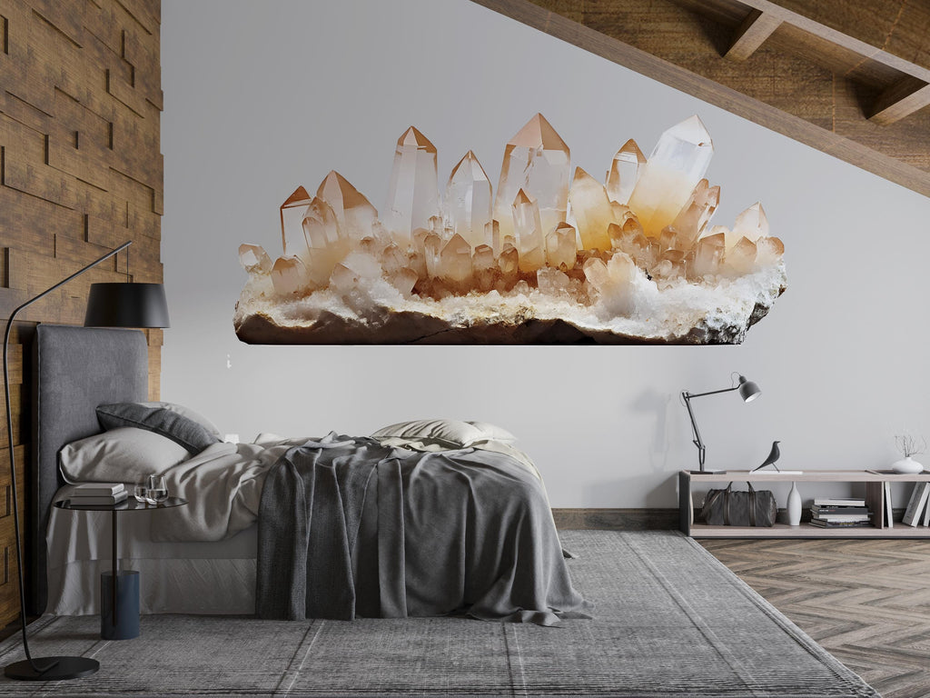 Crystal Wall Decal Golden Quartz Wall Sticker Boho Bedroom Decor Healing Crystal Wall Art Spiritual Home Decor