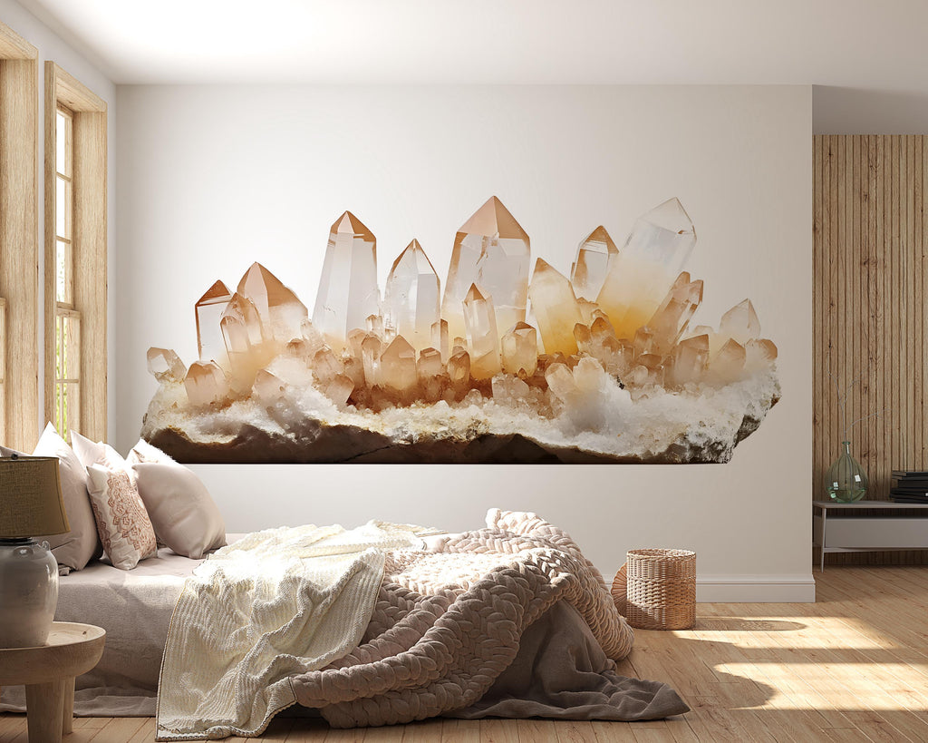 Crystal Wall Decal Golden Quartz Wall Sticker Boho Bedroom Decor Healing Crystal Wall Art Spiritual Home Decor