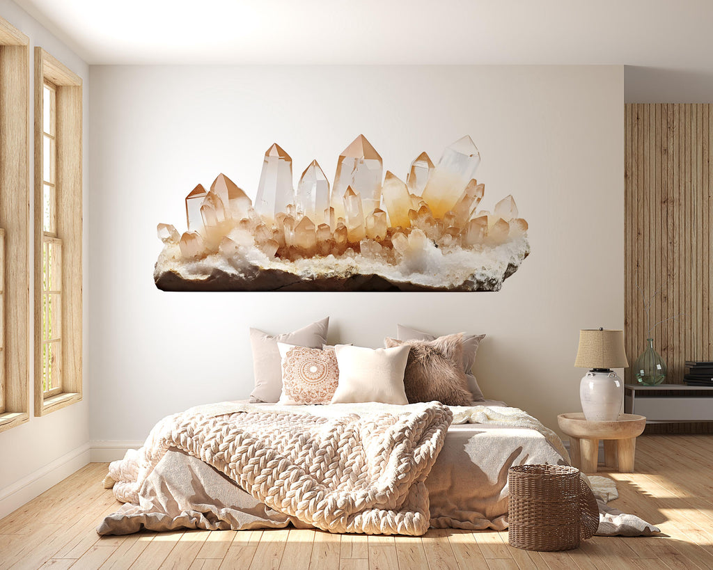 Crystal Wall Decal Golden Quartz Wall Sticker Boho Bedroom Decor Healing Crystal Wall Art Spiritual Home Decor