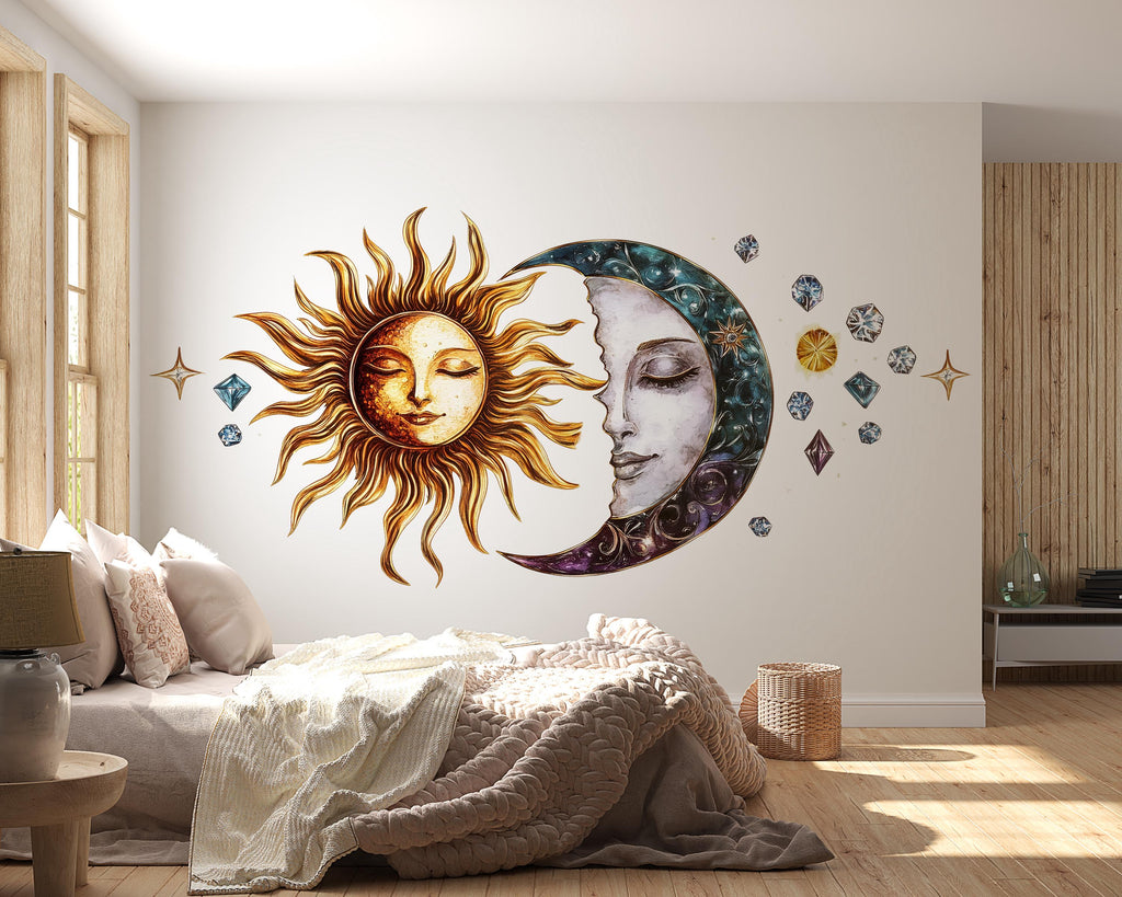 Sun And Moon Wall Decal Celestial Wall Sticker Boho Bedroom Decor Spiritual Wall Art Astrology Home Decor