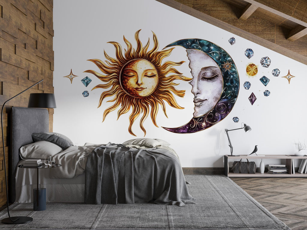 Sun And Moon Wall Decal Celestial Wall Sticker Boho Bedroom Decor Spiritual Wall Art Astrology Home Decor