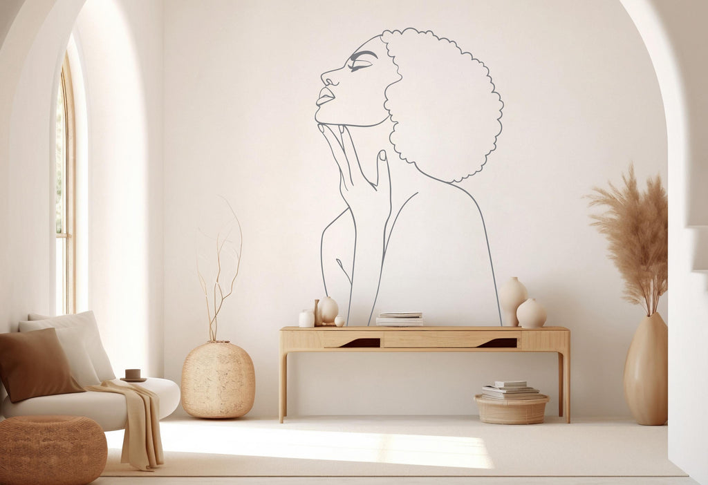 Feminist Afro Woman Line Art Wall Decal, Mid Century Modern Decor