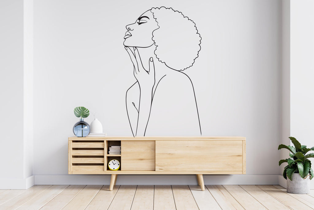 Feminist Afro Woman Line Art Wall Decal, Mid Century Modern Decor