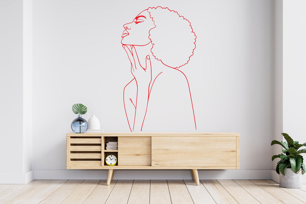 Feminist Afro Woman Line Art Wall Decal, Mid Century Modern Decor
