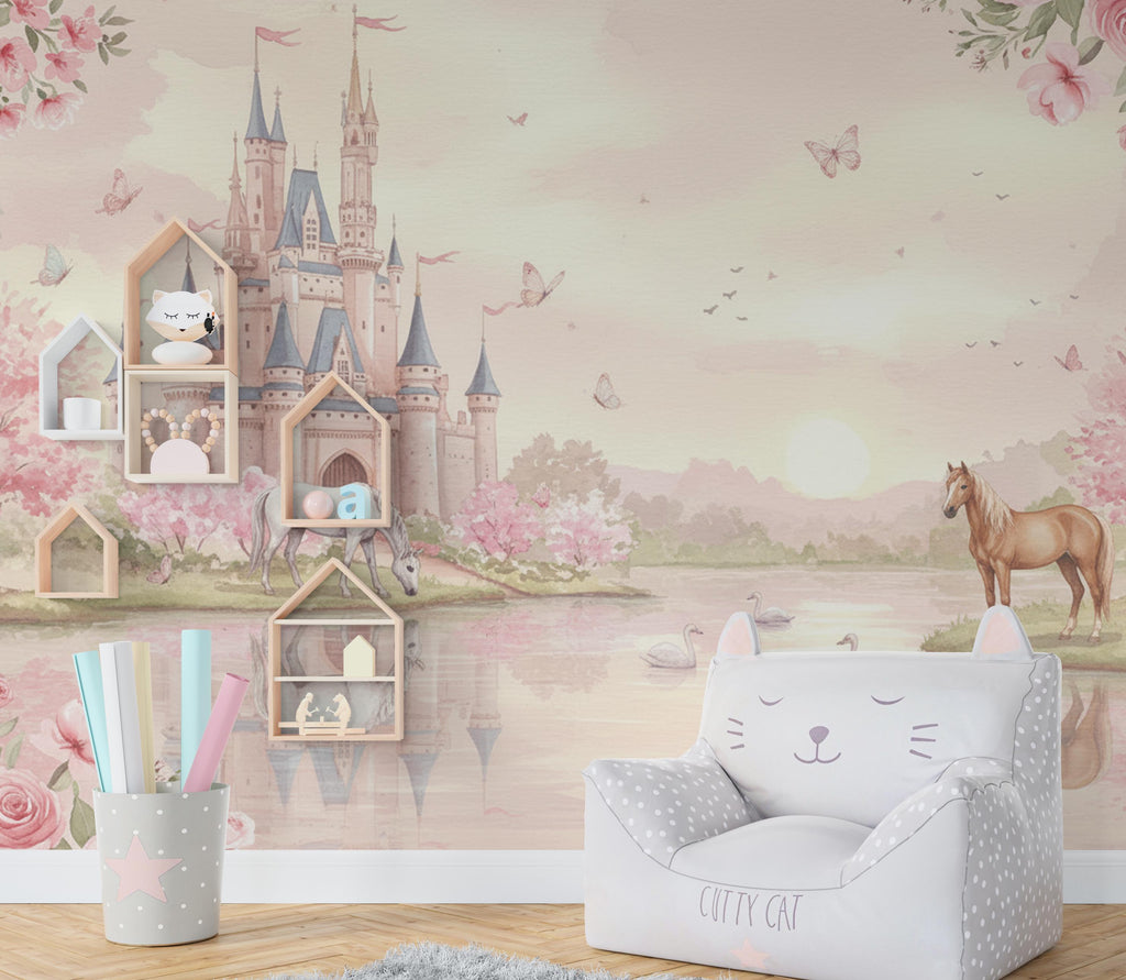 Princess Castle Wall Graphics Peel and Stick Girl room Wallpaper Horses butterflies Nursery Self Adhesive nursery wall decor Mural