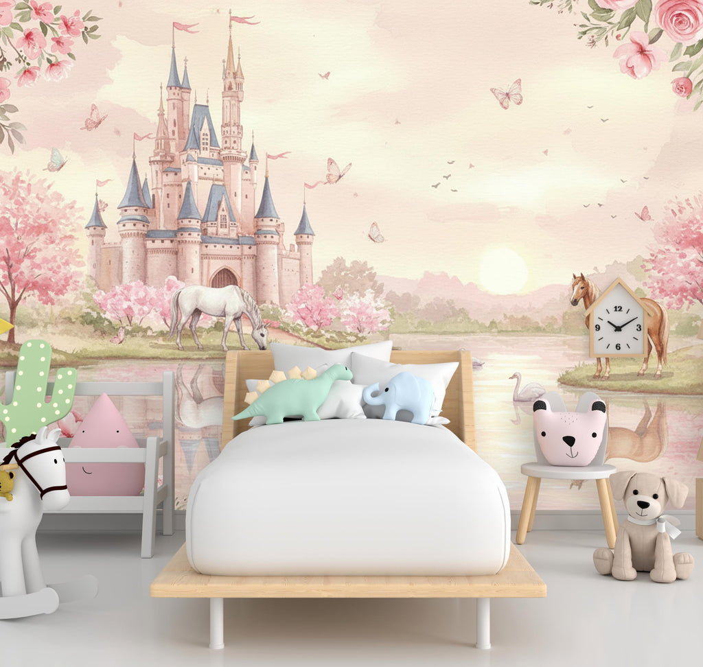 Princess Castle Wall Graphics Peel and Stick Girl room Wallpaper Horses butterflies Nursery Self Adhesive nursery wall decor Mural