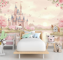 Load image into Gallery viewer, Princess Castle Wall Graphics Peel and Stick Girl room Wallpaper Horses butterflies Nursery Self Adhesive nursery wall decor Mural