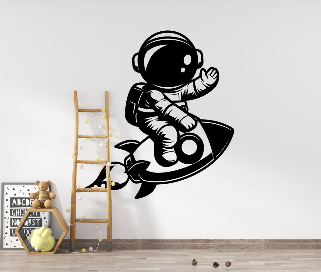 Astronaut Rocket Wall Decal – Space Nursery Art, Kids Room Vinyl Sticker, Outer Space Bedroom Decor