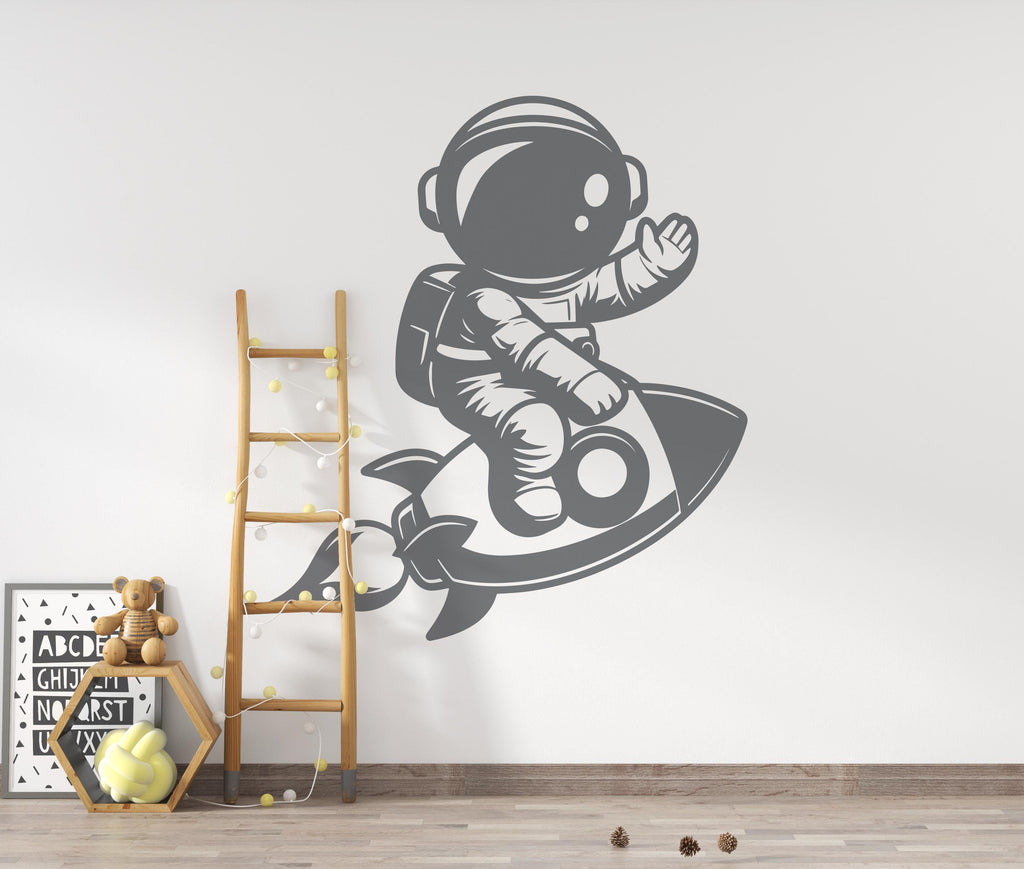 Astronaut Rocket Wall Decal – Space Nursery Art, Kids Room Vinyl Sticker, Outer Space Bedroom Decor