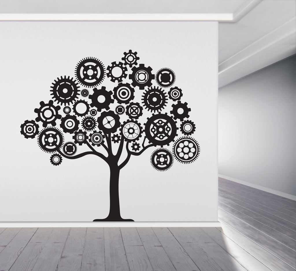 Mechanical Tree Wall Decal – Steampunk Gear Tree Vinyl Sticker, Technology Office Décor, Engineering & STEM Wall Art, Circuit Board 727LU