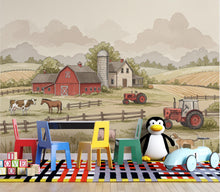 Load image into Gallery viewer, Farm Wallpaper Mural – Watercolor Farmhouse Scene with Tractor, Cow, Horse &amp; Dog – Elegant Countryside Wall Art