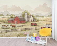 Load image into Gallery viewer, Farm Wallpaper Mural – Watercolor Farmhouse Scene with Tractor, Cow, Horse &amp; Dog – Elegant Countryside Wall Art