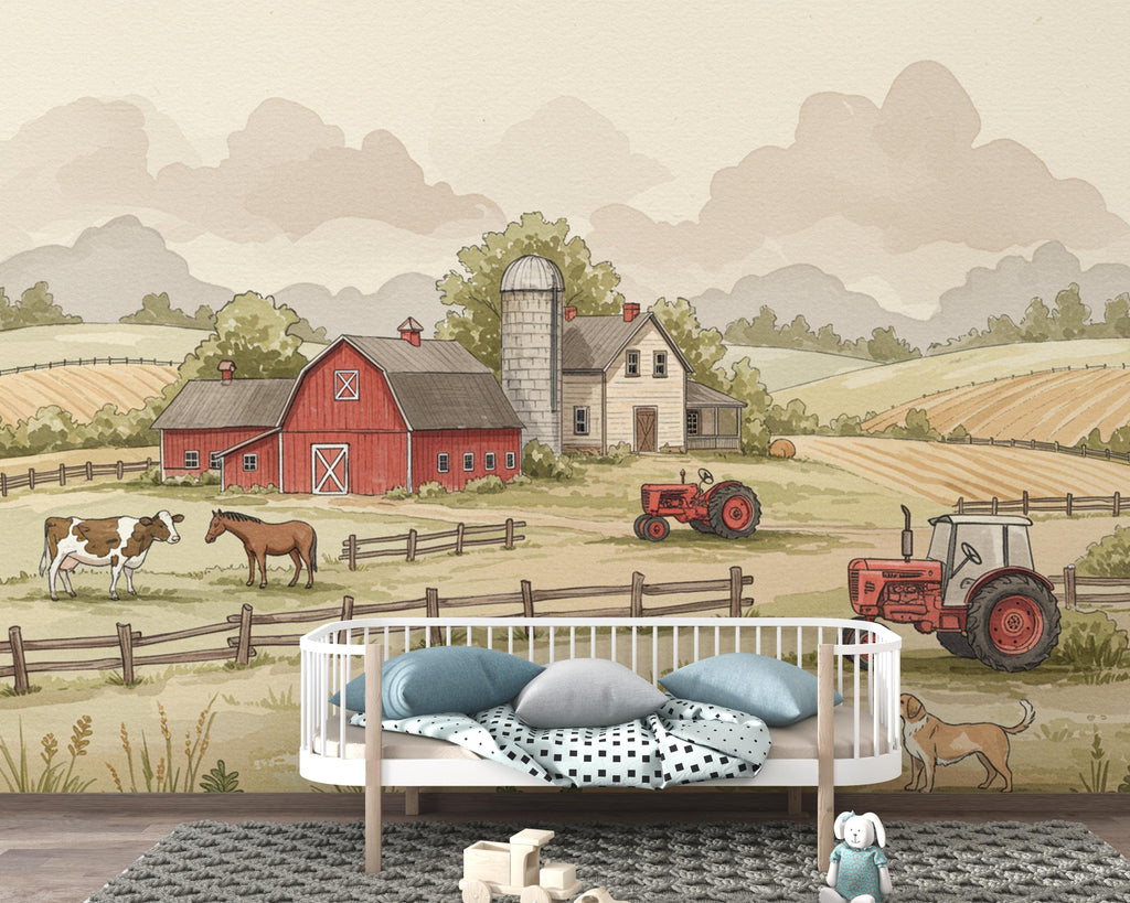 Farm Wallpaper Mural – Watercolor Farmhouse Scene with Tractor, Cow, Horse & Dog – Elegant Countryside Wall Art