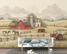 Load image into Gallery viewer, Farm Wallpaper Mural – Watercolor Farmhouse Scene with Tractor, Cow, Horse &amp; Dog – Elegant Countryside Wall Art