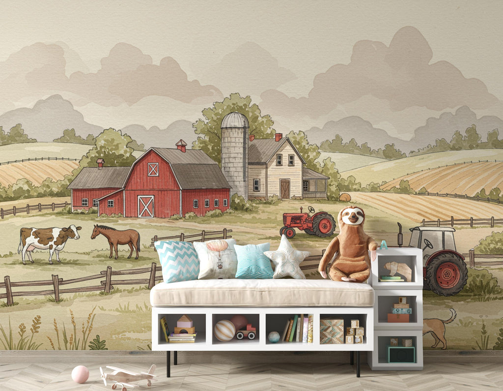 Farm Wallpaper Mural – Watercolor Farmhouse Scene with Tractor, Cow, Horse & Dog – Elegant Countryside Wall Art