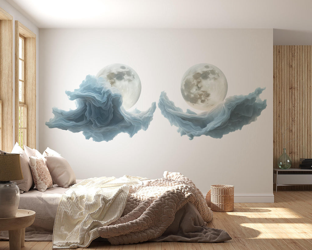 Blue Moon Cloud Wall Decal Sticker | Dreamy Celestial Wall Art | Abstract Moon Wall Decor | Modern Bedroom Wall Mural | Peel And Stick Wall