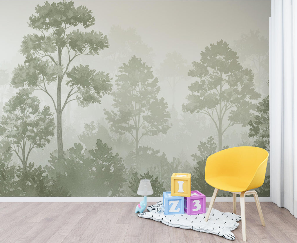 Forest Wallpaper – Watercolor Woodland Nursery Wall Mural, Whimsical Tree Pattern, Neutral Baby Room Decor