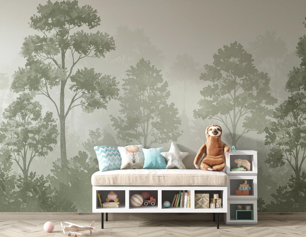 Forest Wallpaper – Watercolor Woodland Nursery Wall Mural, Whimsical Tree Pattern, Neutral Baby Room Decor