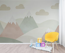 Load image into Gallery viewer, Whimsical Mountain Nursery Wallpaper – Pastel Watercolor Hills &amp; Clouds, Gender Neutral Baby Room Wall Decor