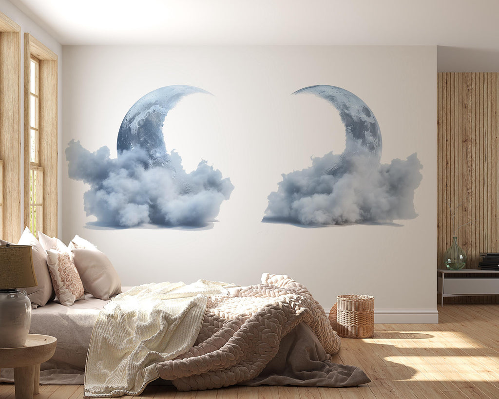 Moon Cloud Wall Decal Sticker | Large Celestial Moon Wall Art | Dreamy Bedroom Wall Decor | Nursery Moon Wall Mural | Peel And Stick sky