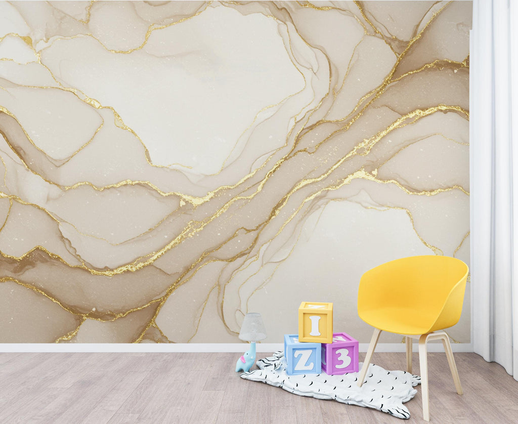 Luxury Gold Marble Wallpaper – Elegant Cream & Beige Watercolor Pattern, Modern Neutral Wall Decor