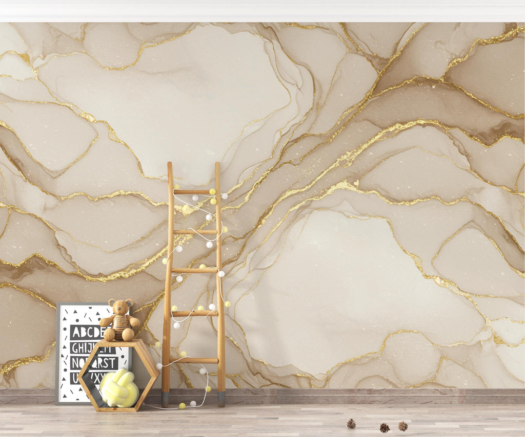 Luxury Gold Marble Wallpaper – Elegant Cream & Beige Watercolor Pattern, Modern Neutral Wall Decor