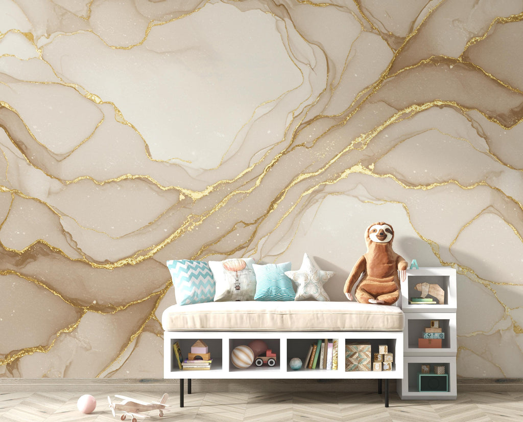 Luxury Gold Marble Wallpaper – Elegant Cream & Beige Watercolor Pattern, Modern Neutral Wall Decor