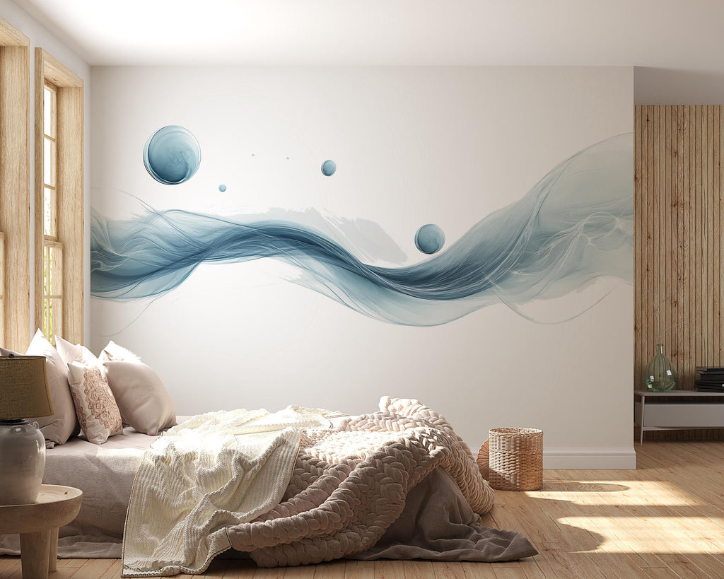 Abstract Wave Wall Decal Sticker | Modern Blue Flowing Line Wall Art | Minimalist Bedroom Wall Mural | Contemporary Peel And Stick Wall