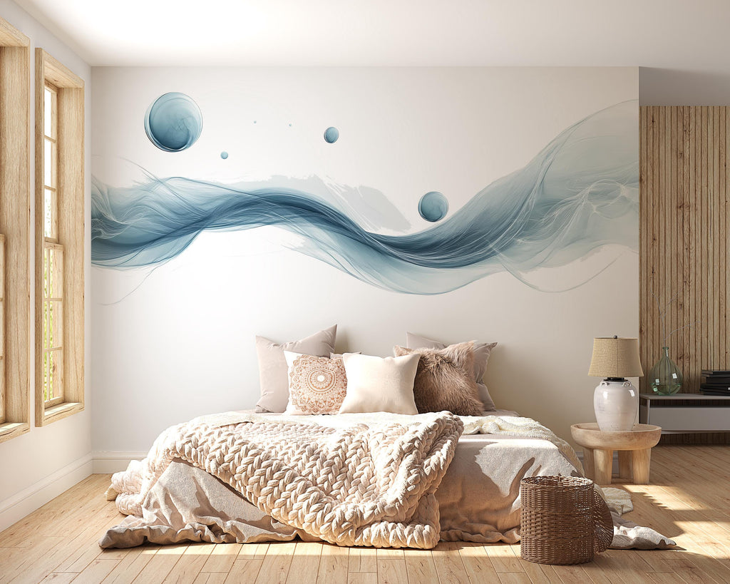 Abstract Wave Wall Decal Sticker | Modern Blue Flowing Line Wall Art | Minimalist Bedroom Wall Mural | Contemporary Peel And Stick Wall