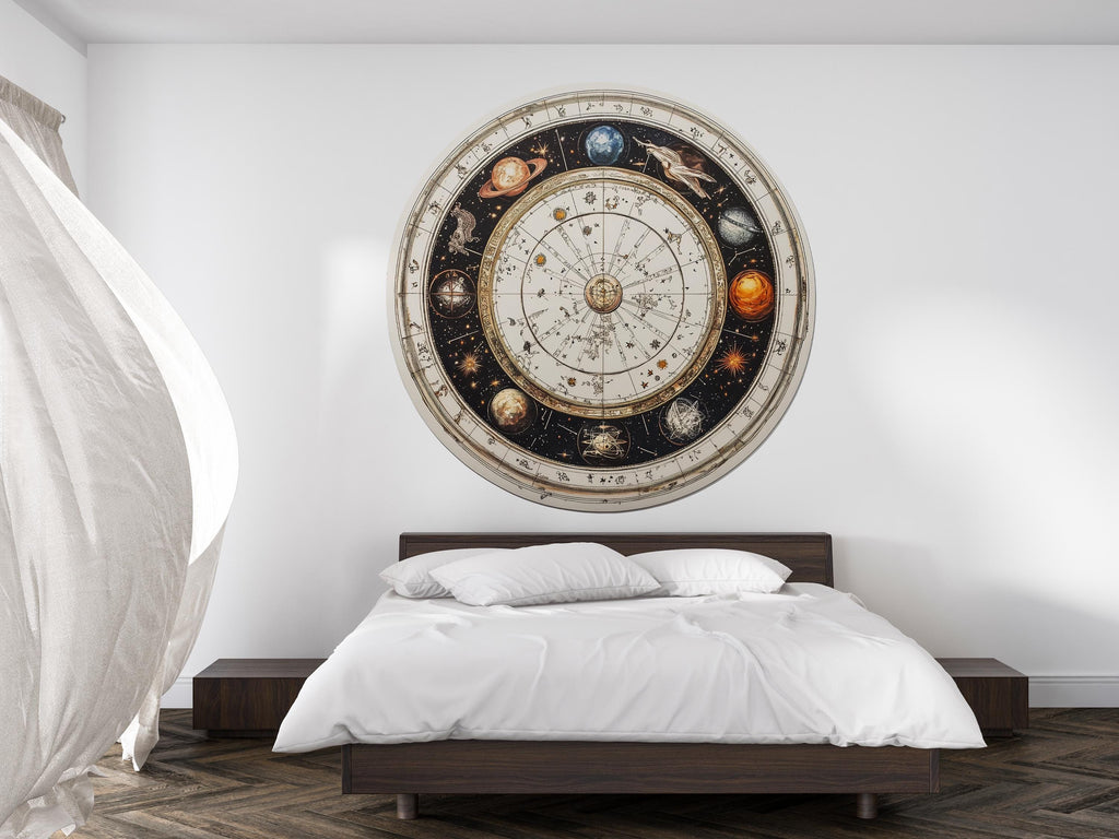 Vintage Zodiac Wheel Wall Decal Celestial Astrology Wall Art Astronomical Chart Round Wall Sticker Cosmic Decor