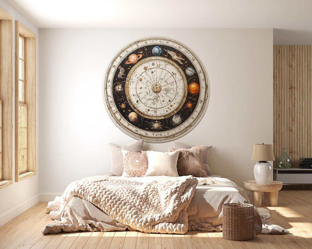 Vintage Zodiac Wheel Wall Decal Celestial Astrology Wall Art Astronomical Chart Round Wall Sticker Cosmic Decor