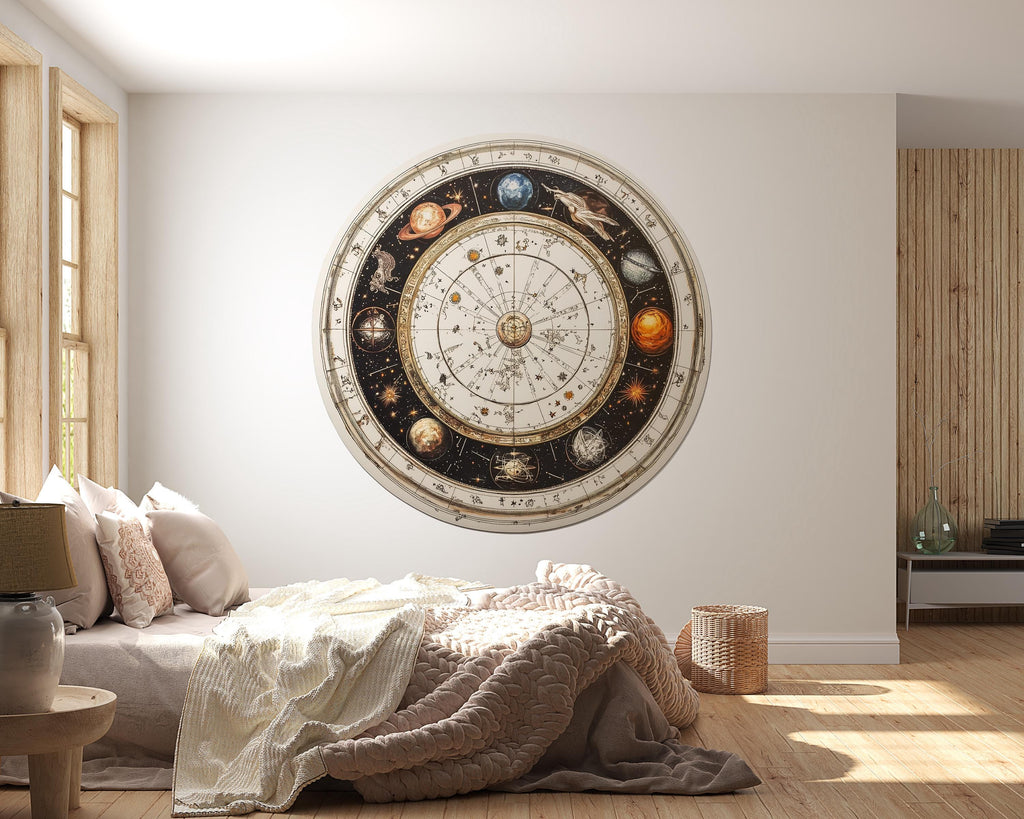 Vintage Zodiac Wheel Wall Decal Celestial Astrology Wall Art Astronomical Chart Round Wall Sticker Cosmic Decor