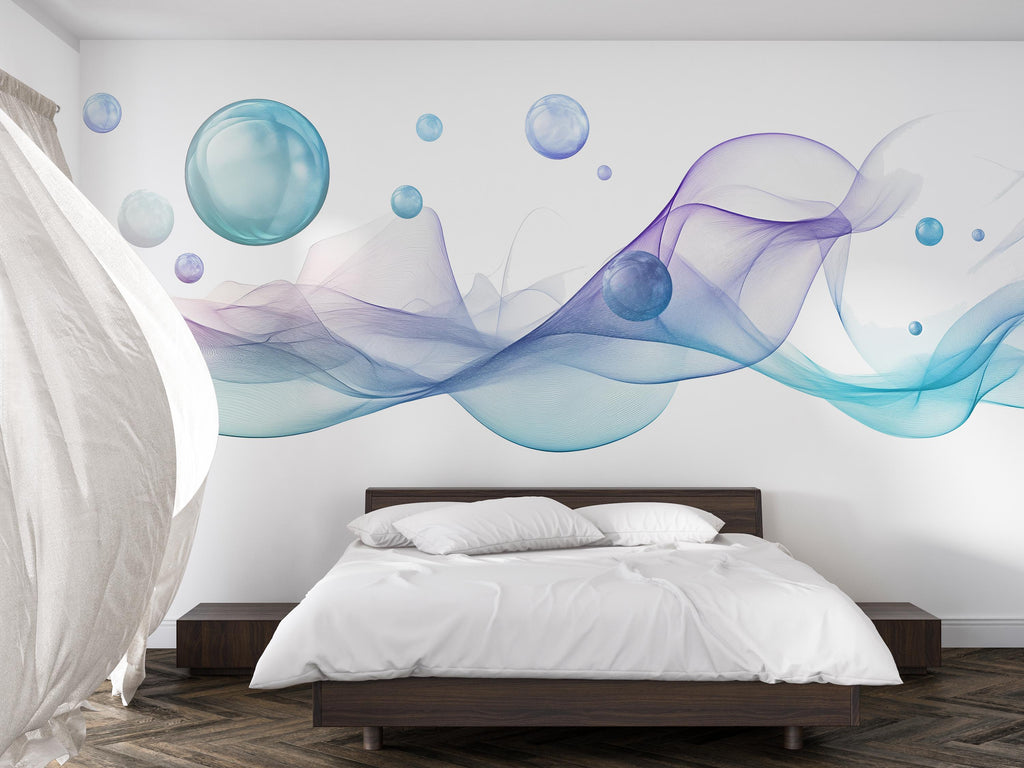 Abstract Wave Bubble Wall Decal | Modern Blue Purple Flow Wall Sticker | Minimalist Bedroom Wall Art | Contemporary Peel And Stick Mural