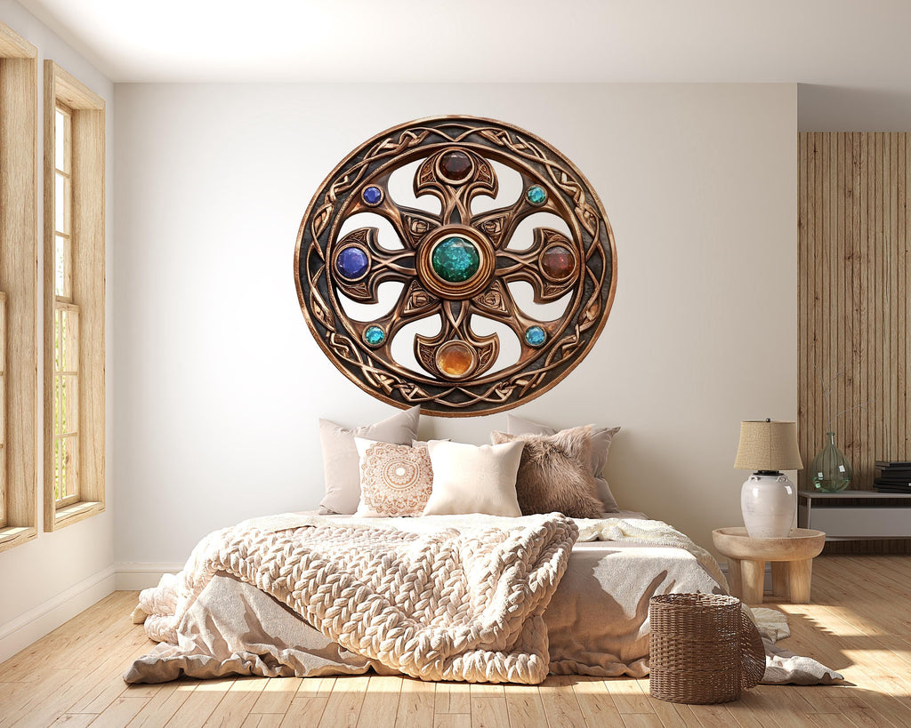 Celtic Gemstone Cross Wall Decal Sacred Geometry Wall Art Mystic Medallion Round Wall Sticker Spiritual Decor