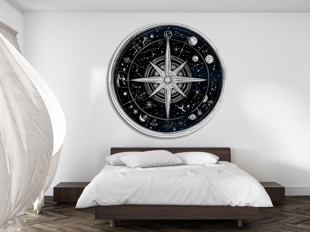 Celestial Compass Wall Decal Astrology Wall Art Zodiac Star Map Round Wall Sticker Night Sky Spiritual Decor