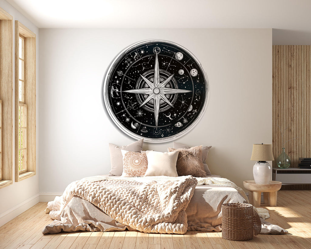 Celestial Compass Wall Decal Astrology Wall Art Zodiac Star Map Round Wall Sticker Night Sky Spiritual Decor