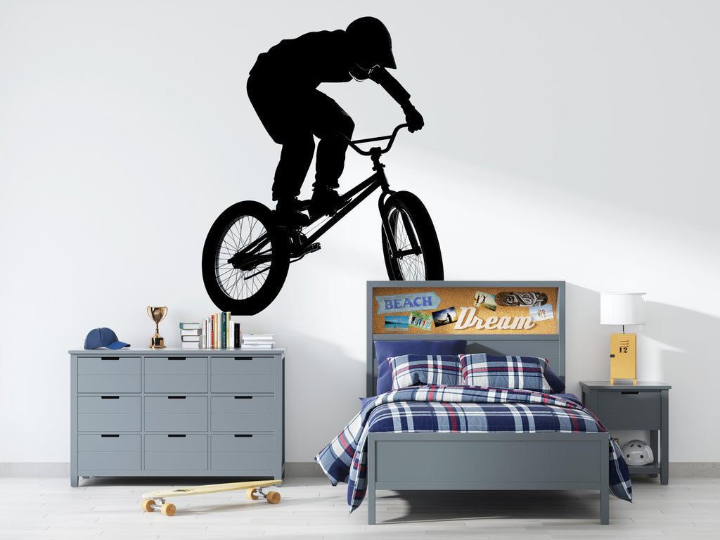 BMX Jump Wall Decal, Bicycle Rider Silhouette Wall Sticker, Kids Sports Room Decor, Boys Bedroom Wall Art, Extreme Bike Wall Decal