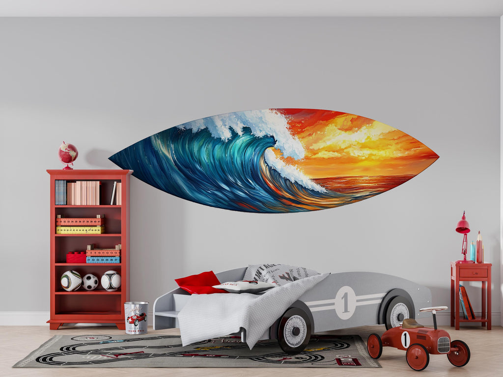 Surfboard Wave Wall Decal, Ocean Wall Sticker, Surf Art Wall Decor, Kids Bedroom Wall Art, Coastal Surfboard Wall Decal