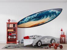 Load image into Gallery viewer, Surfboard Wave Wall Decal, Ocean Surf Wall Sticker, Surf Art Wall Decor, Kids Bedroom Wall Art, Coastal Surfboard Wall Decal