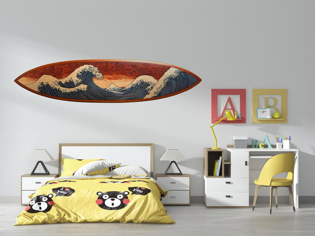 Japanese Wave Surfboard Wall Decal, Ocean Surf Wall Sticker, Beach Bedroom Wall Art, Surf Decor for Teen Room, Coastal Wall Decal