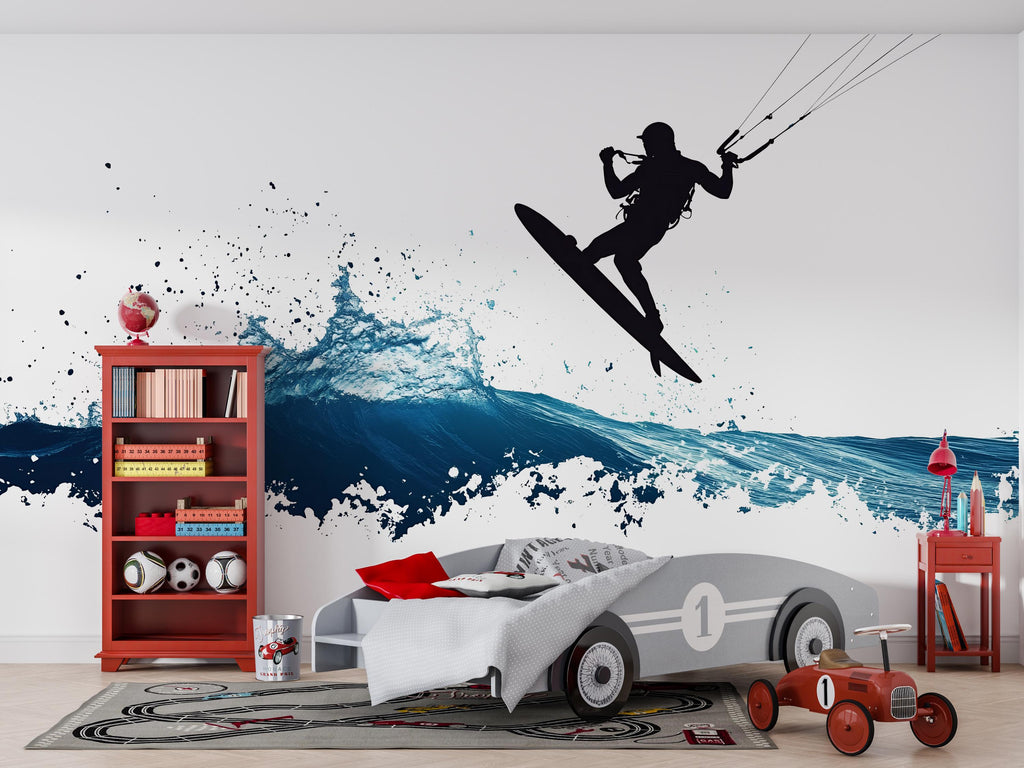 Kitesurf Wall Decal With Ocean Splash, Kiteboarding Wall Sticker, Extreme Water Sports Wall Art, Teen Boy Room Decor