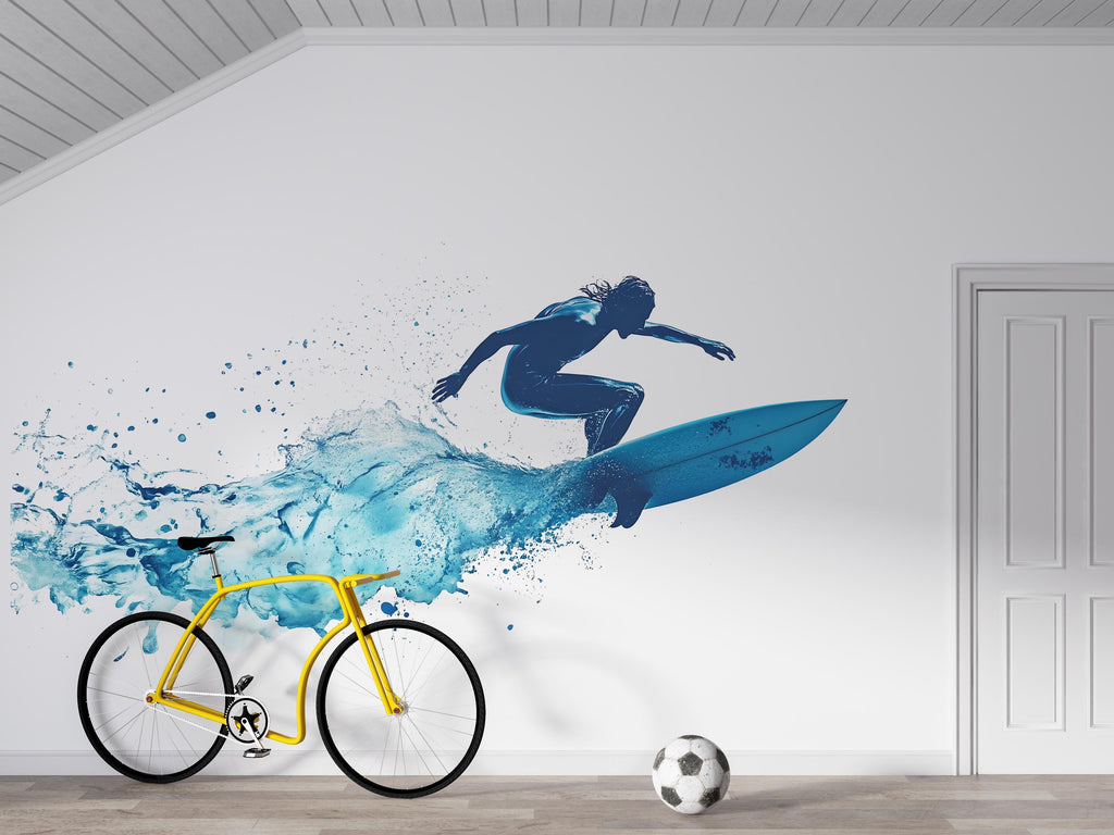 Surfing Wall Decal Sticker | Ocean Sports Wall Art | Peel And Stick Wall Decal For Boys Room Teen Bedroom Surf Decor Modern Coastal Interior
