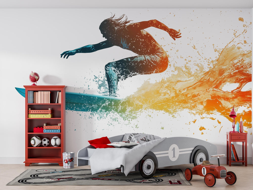 Surfing Wall Decal Sticker | Action Sports Wall Art | Peel And Stick Wall Decal For Boys Room Teen Bedroom Surf Decor Modern Interior